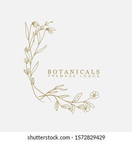 Vector floral hand drawn logo template in elegant and minimal style with gold color on grey background illustration. Circle frames logos. For badges, labels, logotypes and branding business identity.