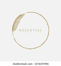 Vector floral hand drawn logo template in elegant and minimal style with gold color on grey background illustration. Circle frames logos. For badges, labels, logotypes and branding business identity.