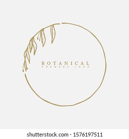 Vector floral hand drawn logo template in elegant and minimal style with gold color on grey background illustration. Circle frames logos. For badges, labels, logotypes and branding business identity.