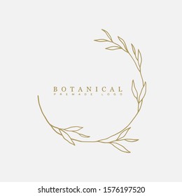 Vector Floral Hand Drawn Logo Template In Elegant And Minimal Style With Gold Color On Grey Background Illustration. Circle Frames Logos. For Badges, Labels, Logotypes And Branding Business Identity.