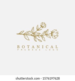 Vector floral hand drawn logo template in elegant and minimal style with gold color on grey background illustration. For badges, labels, logotypes and branding business identity.