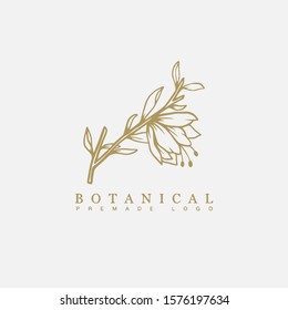 Plantilla de logotipo dibujado a mano floral vectorial en un estilo elegante y mínimo con color dorado en la ilustración de fondo gris. Para insignias, etiquetas, logotipos e identidad comercial de marca.