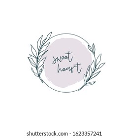Vector floral hand drawn logo template in elegant and minimal style. Hand lettering "Sweet heart". Pastel colors. For badges, labels, logotypes and branding business identity. Cute valentine image. 