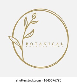 Vector floral hand drawn logo template in elegant and minimal style with gold color on grey background illustration. Circle frames logos. For badges, labels, logotypes and branding business identity.