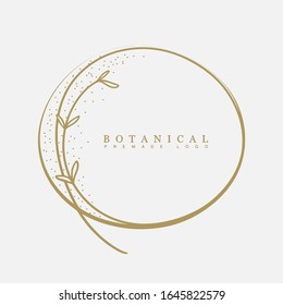 Vector floral hand drawn logo template in elegant and minimal style with gold color on grey background illustration. Circle frames logos. For badges, labels, logotypes and branding business identity.