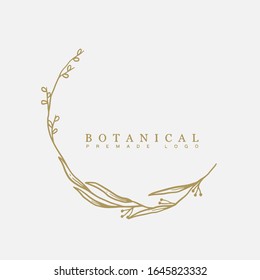 Vector floral hand drawn logo template in elegant and minimal style with gold color on grey background illustration. Circle frames logos. For badges, labels, logotypes and branding business identity.