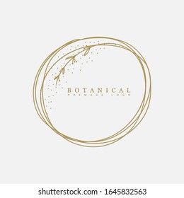 Vector floral hand drawn logo template in elegant and minimal style with gold color on grey background illustration. Circle frames logos. For badges, labels, logotypes and branding business identity.