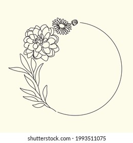 Plantilla de logotipo con dibujo a mano de flores vectorial con un estilo elegante y mínimo. Logotipos de marcos de círculo. Para insignias, etiquetas, logotipos e identidad comercial de marca. Logotipo florista. Símbolo de fotógrafo