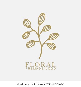 Vector floral hand drawn logo template in elegant and minimal style with gold color on grey background illustration. For badges, labels, logotypes and branding business identity.