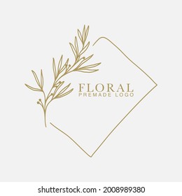 Vector floral hand drawn logo template in elegant and minimal style with gold color on grey background illustration. Square frames logos. For badges, labels, logotypes and branding business identity.