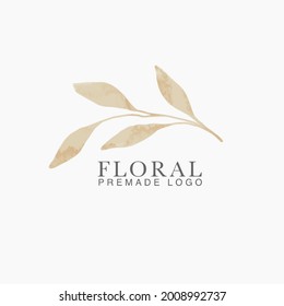 Vector floral hand drawn logo template in elegant and minimal style with gold watercolor effect on grey background illustration.For badges, labels, logotypes and branding business identity.