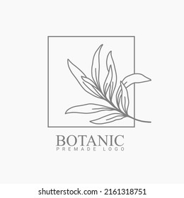 Vektor-Blumen-handgezeichnete Logo-Vorlage in elegantem und minimalem Stil mit schwarzer Farbe auf grauem Hintergrund. Quadrat umrahmt Logos. Für Abzeichen, Etiketten, Logotypen und Markenidentität.
