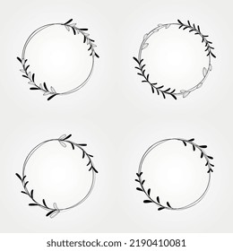 Vector floral hand drawn logo template in elegant and minimal style with gold color on grey background illustration. Circle frames logos. Set of circle shapes, flowers, leaf branches in hand drawn 