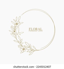 Vector floral hand drawn logo template in elegant and minimal style with gold color on grey background illustration. Circle frames logos. For badges, labels, logotypes and branding business identity.