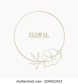 Plantilla de logotipo con dibujo a mano de vectores de estilo elegante y mínimo con color dorado en la ilustración de fondo gris. Logotipos de marcos de círculo. Para insignias, etiquetas, logotipos e identidad comercial de marca.