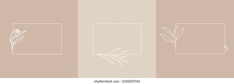 Vector floral hand drawn logo template in elegant and minimal style with white color on brown background illustration. Frames logos. For badges, labels, logotypes and branding business identity.