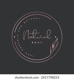 Vector floral hand drawn logo template in elegant and minimal style with gold color on grey background illustration. Circle frames logos. For badges, labels, logotypes and branding business identity.