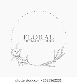 Vector floral hand drawn logo template in elegant and minimal style with black color on grey background illustration. Circle frames logos. For badges, labels, logotypes and branding business identity.