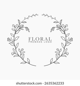 Vector floral hand drawn logo template in elegant and minimal style with black color on grey background illustration. Circle frames logos. For badges, labels, logotypes and branding business identity.