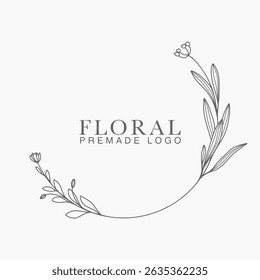 Vector floral hand drawn logo template in elegant and minimal style with black color on grey background illustration. Circle frames logos. For badges, labels, logotypes and branding business identity.
