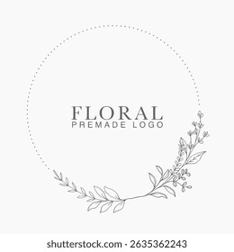 Vector floral hand drawn logo template in elegant and minimal style with black color on grey background illustration. Circle frames logos. For badges, labels, logotypes and branding business identity.