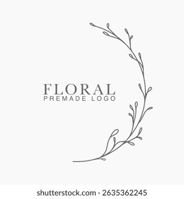 Vector floral hand drawn logo template in elegant and minimal style with black color on grey background illustration. Circle frames logos. For badges, labels, logotypes and branding business identity.