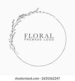 Vector floral hand drawn logo template in elegant and minimal style with black color on grey background illustration. Circle frames logos. For badges, labels, logotypes and branding business identity.