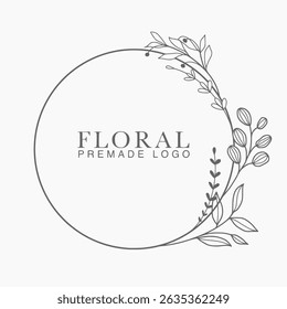 Vector floral hand drawn logo template in elegant and minimal style with black color on grey background illustration. Circle frames logos. For badges, labels, logotypes and branding business identity.