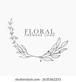 Vector floral hand drawn logo template in elegant and minimal style with black color on grey background illustration. Circle frames logos. For badges, labels, logotypes and branding business identity.