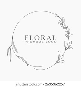 Vector floral hand drawn logo template in elegant and minimal style with black color on grey background illustration. Circle frames logos. For badges, labels, logotypes and branding business identity.