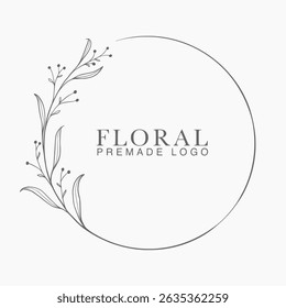 Vector floral hand drawn logo template in elegant and minimal style with black color on grey background illustration. Circle frames logos. For badges, labels, logotypes and branding business identity.