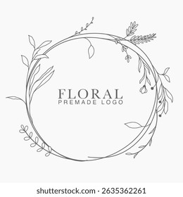 Vector floral hand drawn logo template in elegant and minimal style with black color on grey background illustration. Circle frames logos. For badges, labels, logotypes and branding business identity.