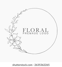 Vector floral hand drawn logo template in elegant and minimal style with black color on grey background illustration. Circle frames logos. For badges, labels, logotypes and branding business identity.