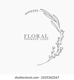Vector floral hand drawn logo template in elegant and minimal style with black color on grey background illustration. Circle frames logos. For badges, labels, logotypes and branding business identity.