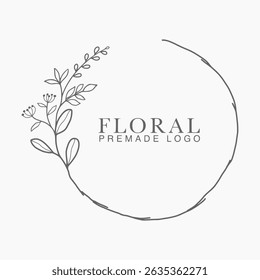 Vector floral hand drawn logo template in elegant and minimal style with black color on grey background illustration. Circle frames logos. For badges, labels, logotypes and branding business identity.