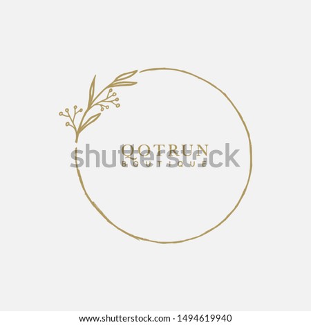 Vector floral hand drawn logo template in elegant and minimal style with gold color on grey background illustration. Circle frames logos. For badges, labels, logotypes and branding business identity.