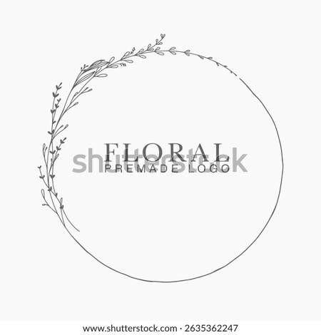 Vector floral hand drawn logo template in elegant and minimal style with black color on grey background illustration. Circle frames logos. For badges, labels, logotypes and branding business identity.
