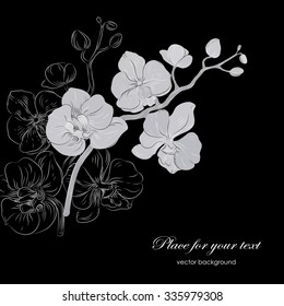 Vector  floral hand drawn pattern with stylized orchid branch and place for text. Perfect  cards for any  kind of design, birthday and other holiday. Black and white