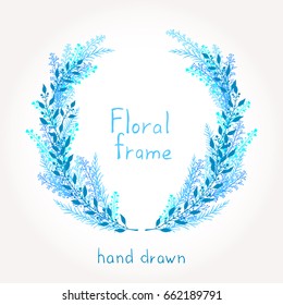 Vector floral hand drawn round frame. In blue color.