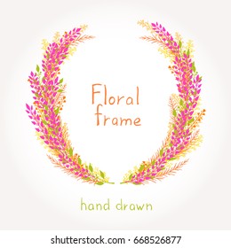 Vector floral hand drawn round frame. In orange, red and green color.