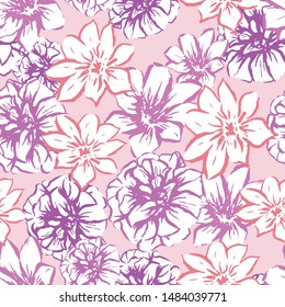 Vector floral hand drawn seamles pattern. Pink and purple colorful botanical backround great for fabric and wallpaper.