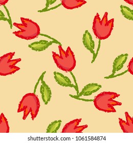 Vector floral hand drawn seamless pattern. Tulip red flowers and gren leaves over vintage brown background.