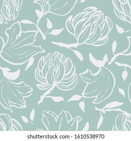 Vector floral hand drawn seamless pattern with exotic tulip tree flowers, leaves and buds. Light mint color and white. 2 colors pattern.