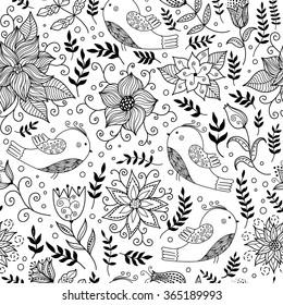 Vector  floral hand drawn seamless black and white background with flower, bird, dot. Good for coloring book for adults and kids or design of textile, fabric, wallpaper.