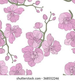 Vector  floral hand drawn seamless pattern with stylized orchid branch,  pattern can be used for wallpaper, pattern fills, surface textures 