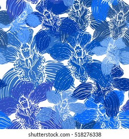 Vector  floral hand drawn seamless pattern with stylized orchid.
blue background with Vector tropic flowers. 