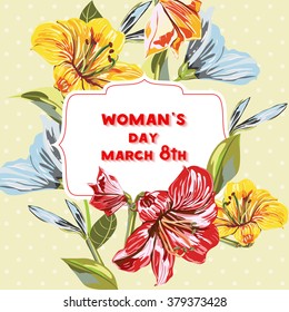 Vector Floral Hand-drawn Template Card. March 8 (eight). Greeting card, Gift card  with March 8. International Women's Day. Flower composition - easy to change for your design project.