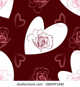 Vector floral hand-drawn three-color pattern with contour drawing of pink rose flower and symbol of love with heart on dark burgundy background for textile design, wallpaper, Valentines, gift wrapping