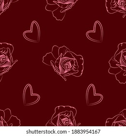 Patrón vectorial de dos colores dibujado a mano con flores de rosa rosa rosado y símbolo de amor con corazón sobre fondo burdeos oscuro para el diseño textil, papel pintado, San Valentín, envoltura de regalo