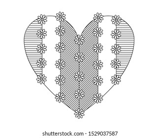 Vector floral heart for coloring book. Isolated coloring page. Simple illustration for adult coloring book or other decorative work. Romantic antistress coloring page